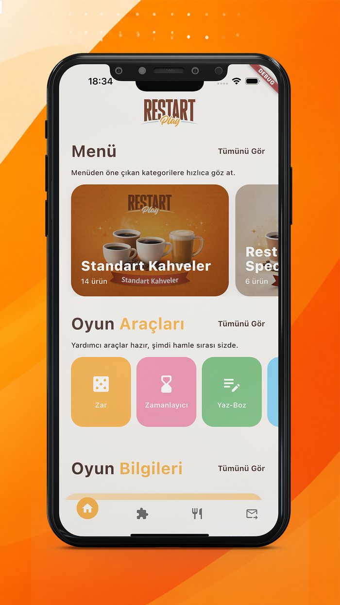 Restart Play kafe menüsü ve oyun araçları ekranı